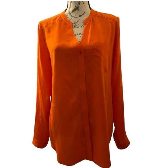 Trouve silk top, orange, hidden button down , long sleeves, V-Neck, one pocket. - Picture 1 of 7